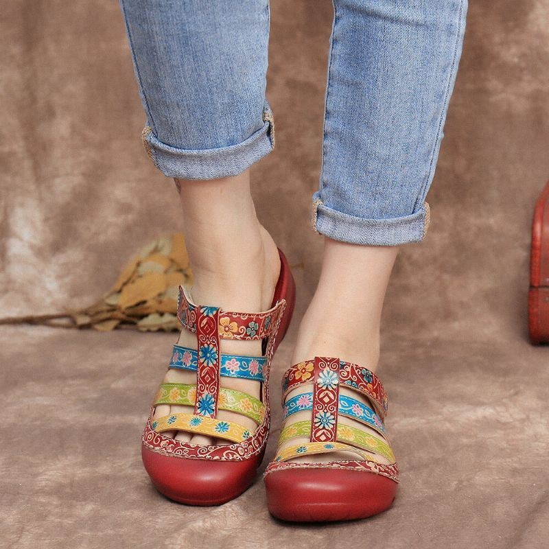 Damskie Skórzane Kontrastowe Łączenie Regulowany Pasek Slip On Mules Chodaki Płaskie Sandały