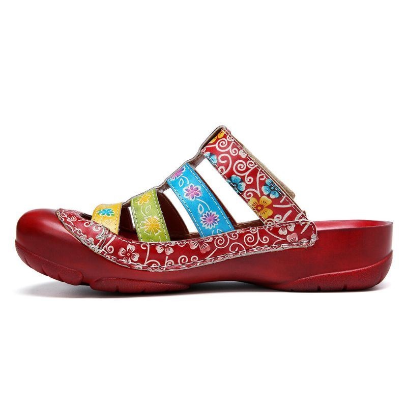 Damskie Skórzane Kontrastowe Łączenie Regulowany Pasek Slip On Mules Chodaki Płaskie Sandały