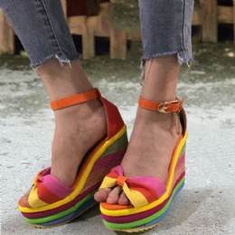 Damskie Tęczowe Kolorowe Paski Na Kostkę Bow Knot Buckle Platform Sandały