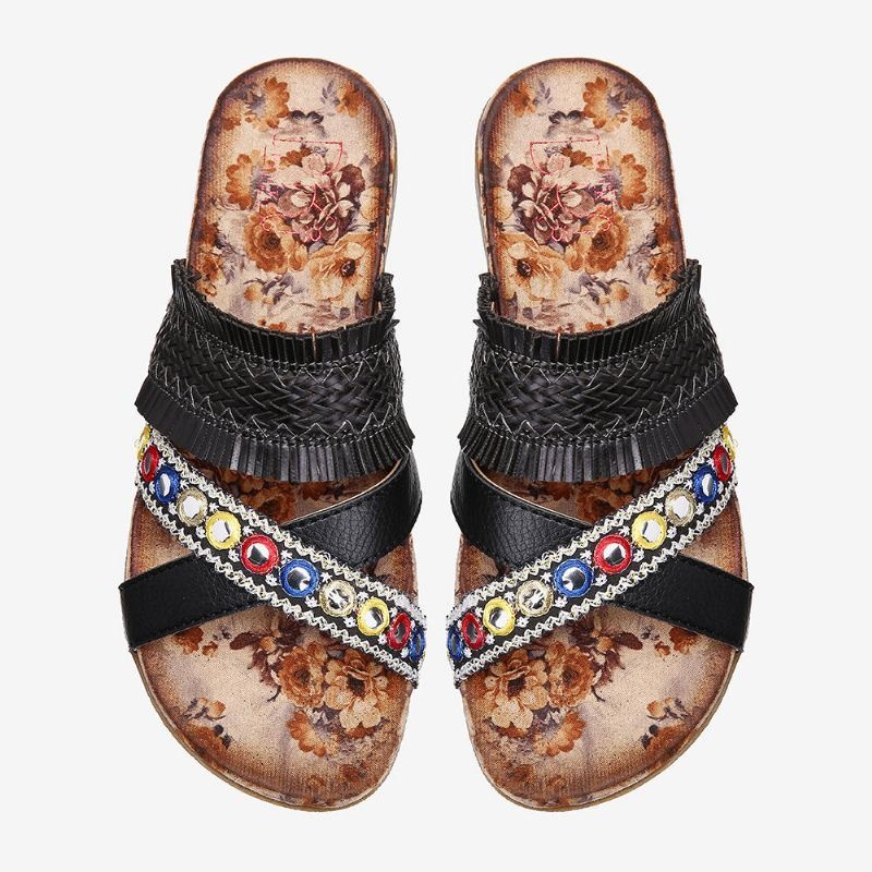 Kobiety CZeski Krzyż Pasek Splot Tassel Open Toe Casual Plażowe Sandały Płaskie
