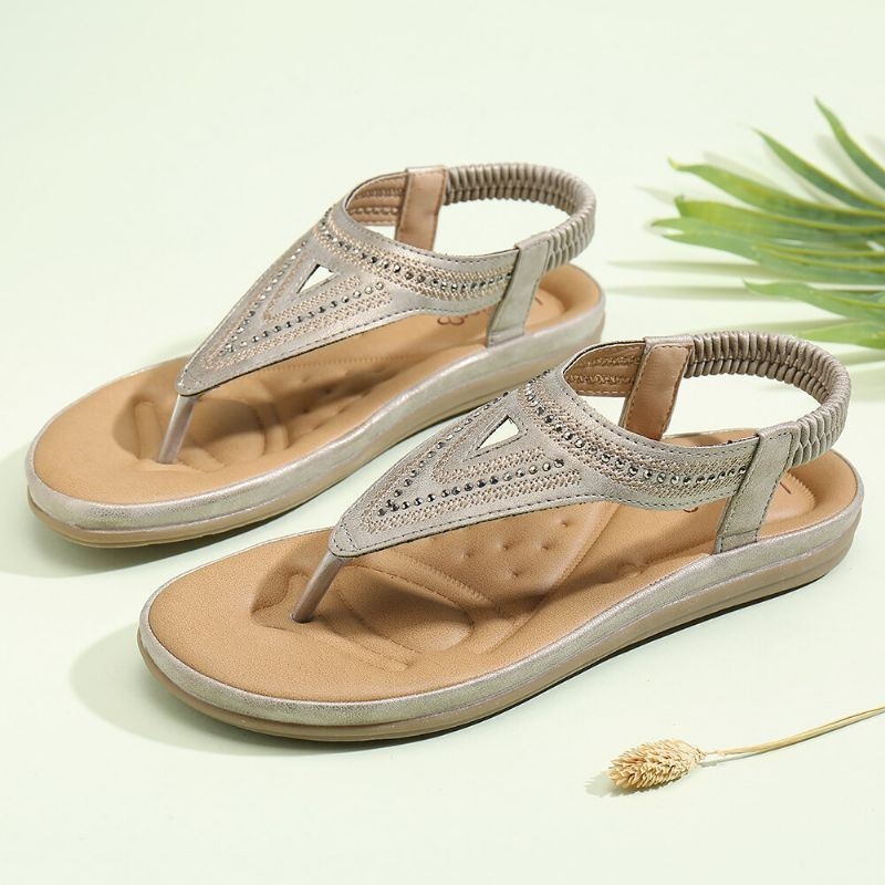 Kobiety Flip Flop Rhinestone Elastyczny Pasek Slip On Letnie Wygodne Płaskie Sandały Na Co Dzień