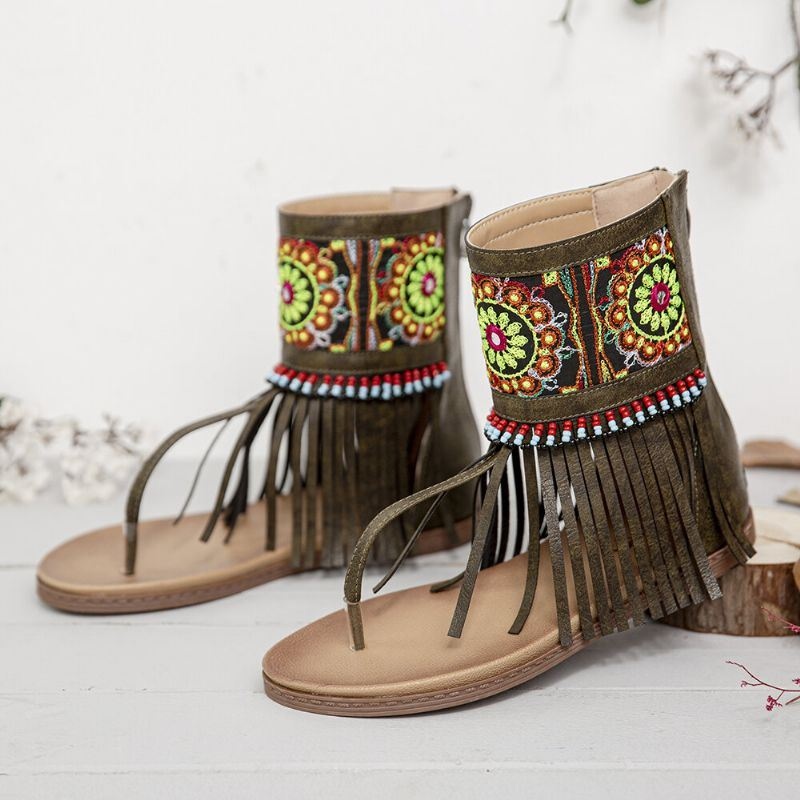 Kobiety Haft Klip Toe Powrót Zipper Płaskie Klapki Sandały