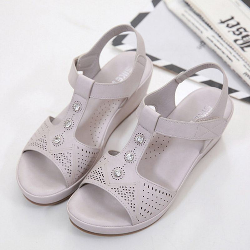 Kobiety Hollow Out Rhinestone Oddychająca Pętelka Z Haczykiem Peep Toe Letnie Sandały Na Koturnie Na Co Dzień