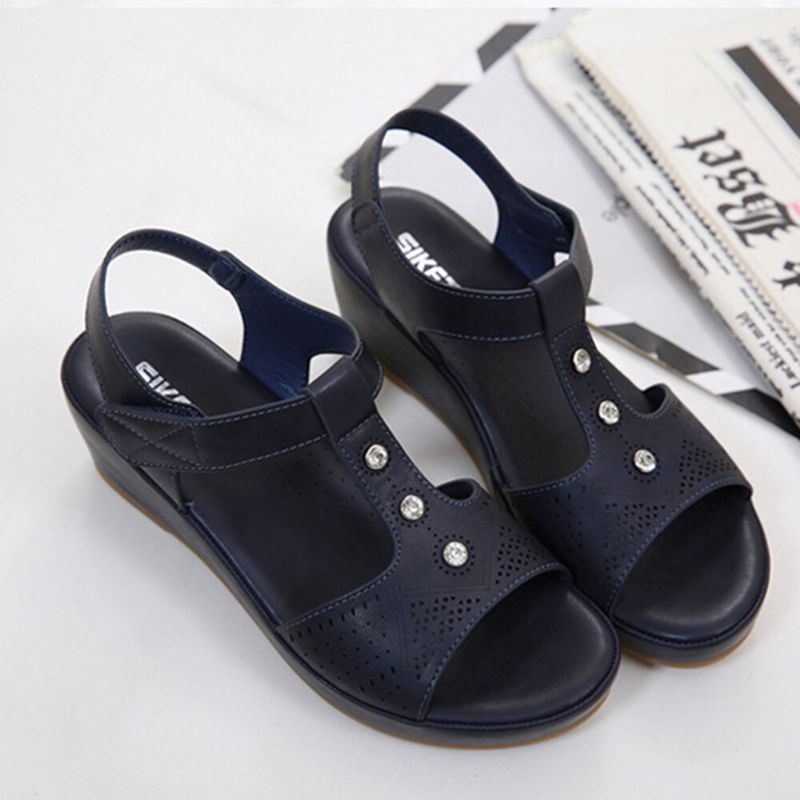 Kobiety Hollow Out Rhinestone Oddychająca Pętelka Z Haczykiem Peep Toe Letnie Sandały Na Koturnie Na Co Dzień