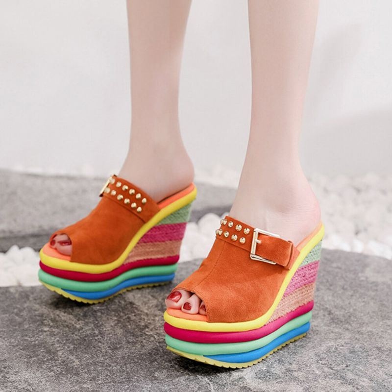 Kobiety Nit Rainbow Kolorowe Klamry Peep Toe Summer Beach Wedge Platform Sandały