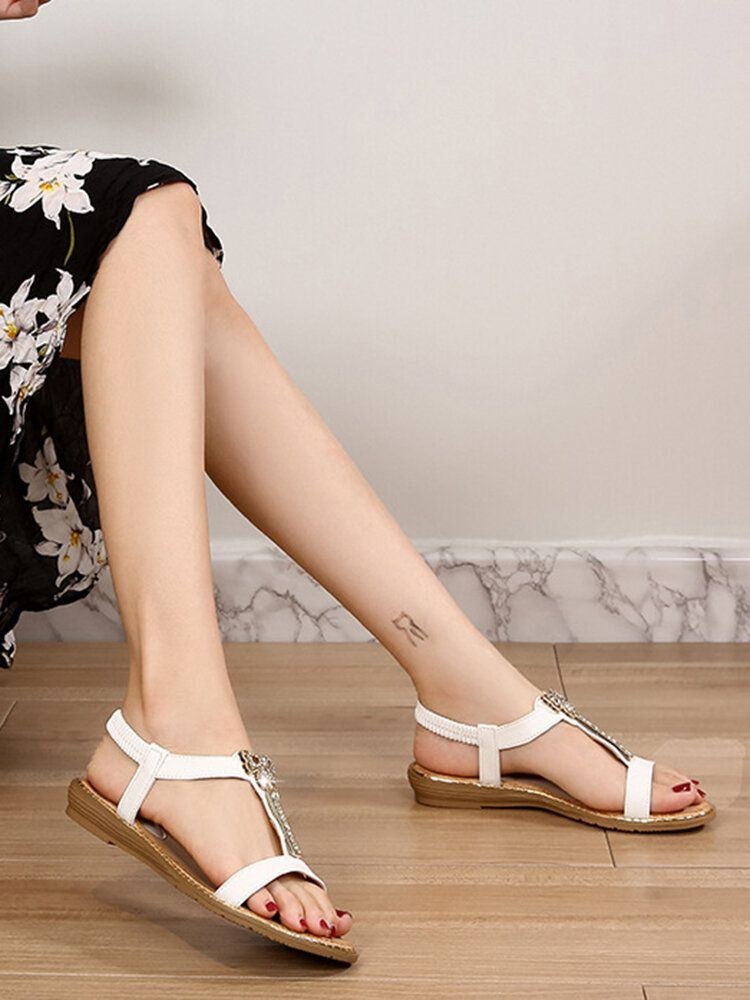 Kobiety Rhinestone Bowknot Elastyczny Pasek Slip On Płaskie Sandały