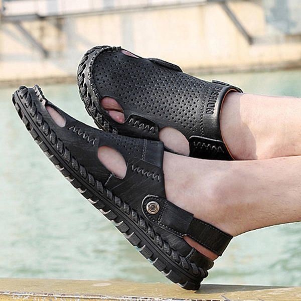 Męskie Letnie Skórzane Sandały Na Co Dzień Okrągły Toe Odkryty Płaskie Moda Miękkie Pantofel Plażowy
