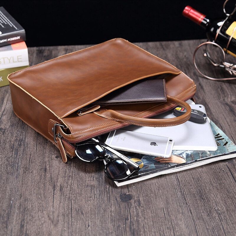Mężczyźni Pozioma Multi-kieszeniowa Teczka Z Wieloma Przegródkami Vintage Pu Skóra 14 Cal Torba Na Laptopa Torba Na Ramię Torba Na Ramię Torebka