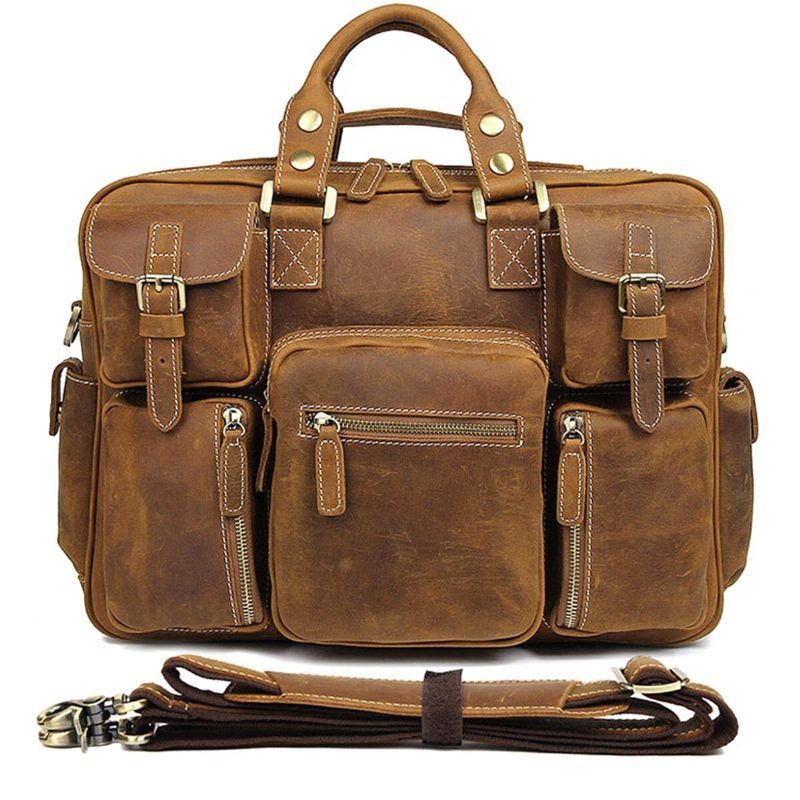 Mężczyźni Prawdziwej Skóry Odpinany Pasek Duża Multi-pocket 15.6 Cal Torba Na Laptopa Teczka Torba Crossbody Torby