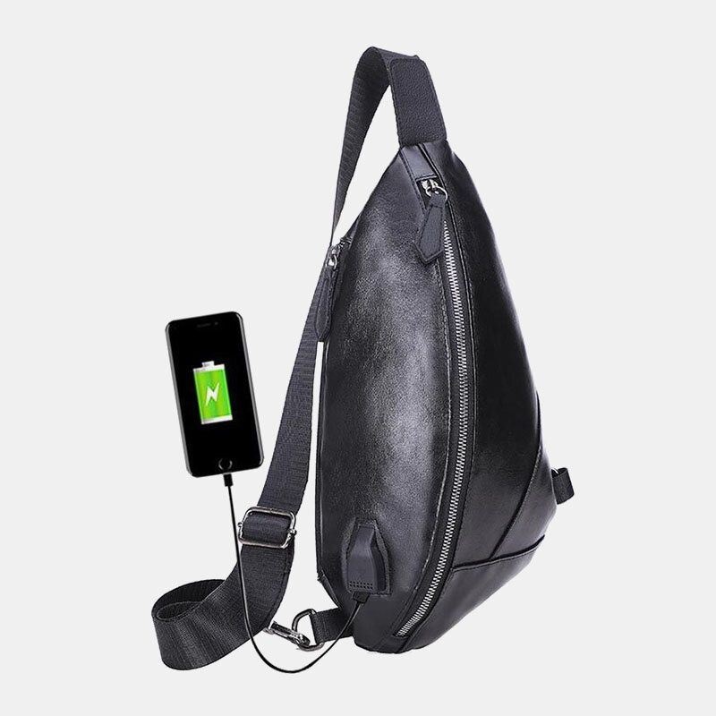Mężczyźni Pu Leather Usb Ładowanie Wodoodporna Codzienna Torba Crossbody Torba Na Klatkę Piersiową Torba Na Ramię