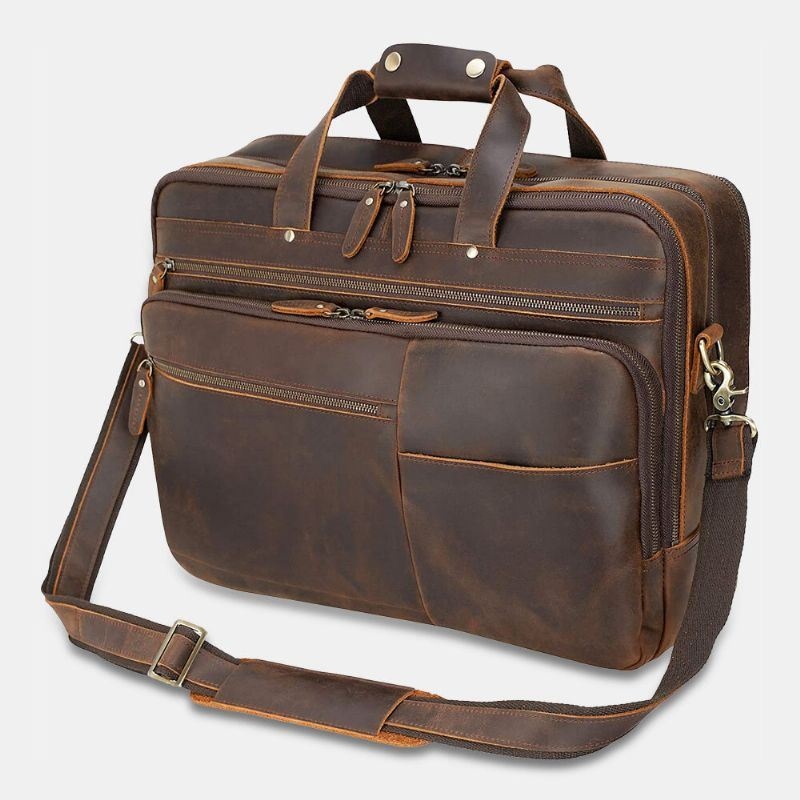 Mężczyźni Pu Skóra Wielofunkcyjna Duża Pojemność Vintage 14 Cal Torba Na Laptopa Wielowarstwowa Teczka Torebka Torba Crossbody