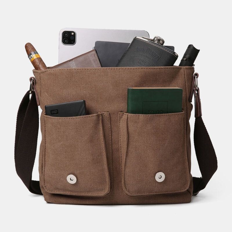 Męska Podwójna Przednia Kieszeń Duża Pojemność Crossbody Torba Retro Canvas Pozioma Jednokolorowa Torba Na Ramię Antykradzieżowa