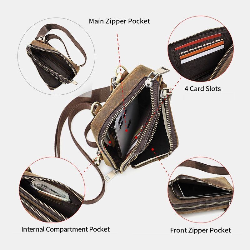 Męska Torba W Stylu Vintage Z Prawdziwej Skóry Na Suwak Boczne Paski Na Ramię Crossbody O Dużej Pojemności Torba Na Pasek W Talii