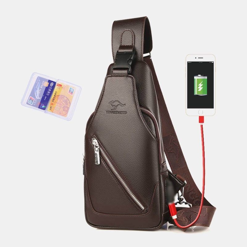 Mężczyźni Pu Leather Usb Ładowanie Wodoodporny Otwór Na Słuchawki Biznes Torba Crossbody Torba Na Klatkę Piersiową Torba Na Ramię
