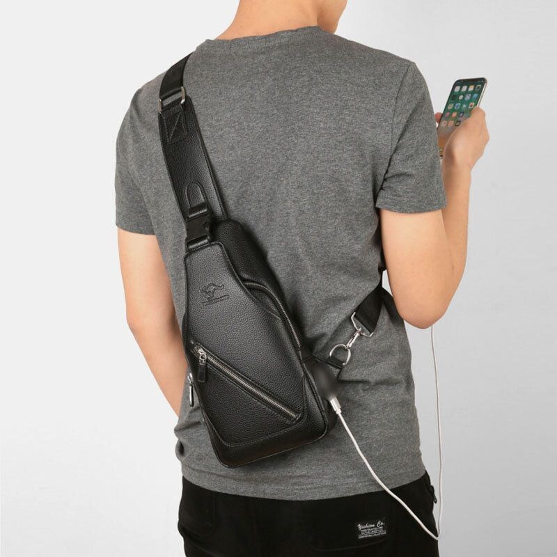 Mężczyźni Pu Leather Usb Ładowanie Wodoodporny Otwór Na Słuchawki Biznes Torba Crossbody Torba Na Klatkę Piersiową Torba Na Ramię
