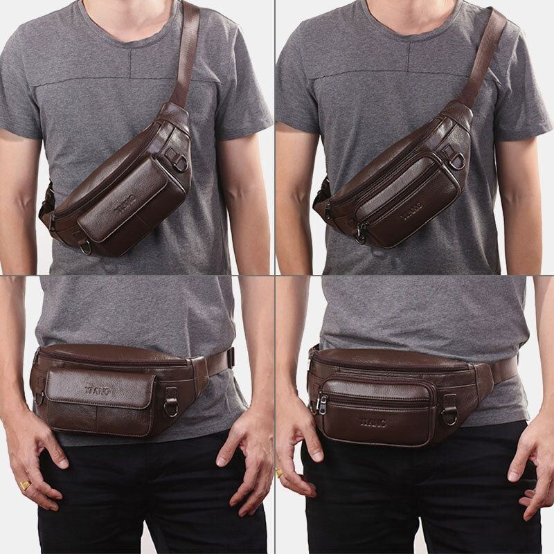 Męska Torba Z Prawdziwej Skóry W Jednolitym Kolorze Multi-carry Crossbody Torba Na Klatkę Piersiową Torba Na Pasek Torba Na Talię