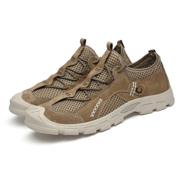Mężczyźni Mesh Skóra Łączenie Oddychająca Antypoślizgowa Miękka Podeszwa Outdoor Casual Sneakers