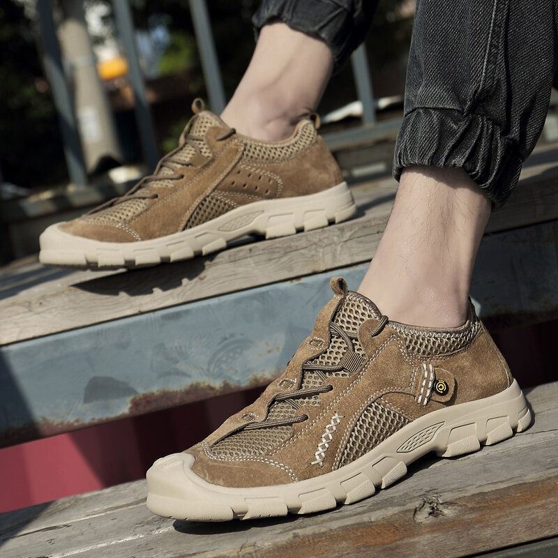 Mężczyźni Mesh Skóra Łączenie Oddychająca Antypoślizgowa Miękka Podeszwa Outdoor Casual Sneakers